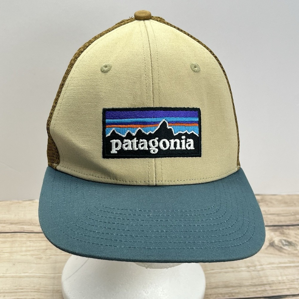 Patagonia Men's Trucker Hat Cap Blue Tan Snap Back Classic Fit Embroidered Logo